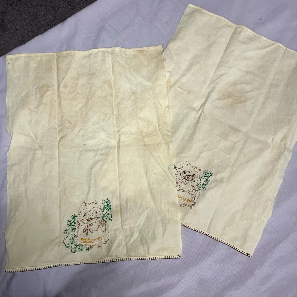 Vintage Yellow Hand Stitched Owl Cookies Hand Towel Set Of Two